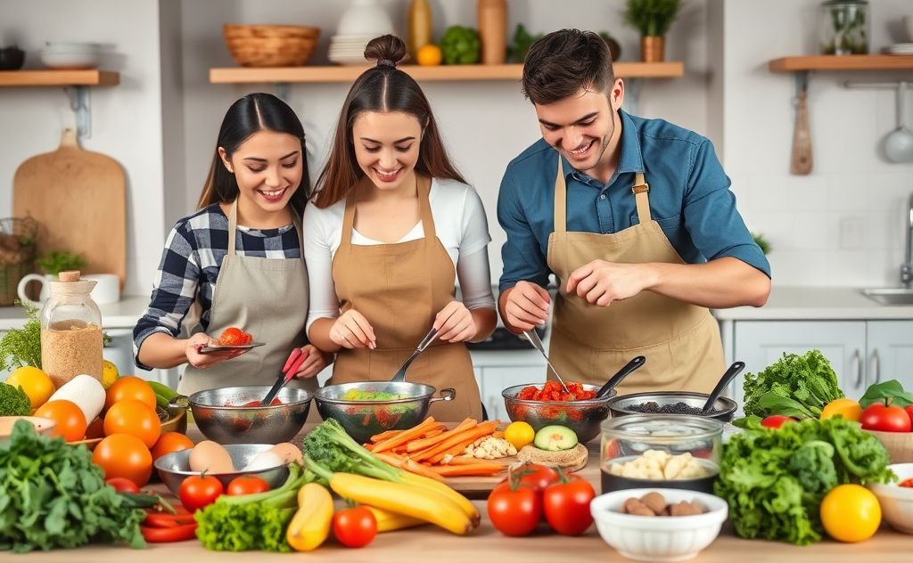 A colorful family meal prep scene with fresh ingredients and tools.