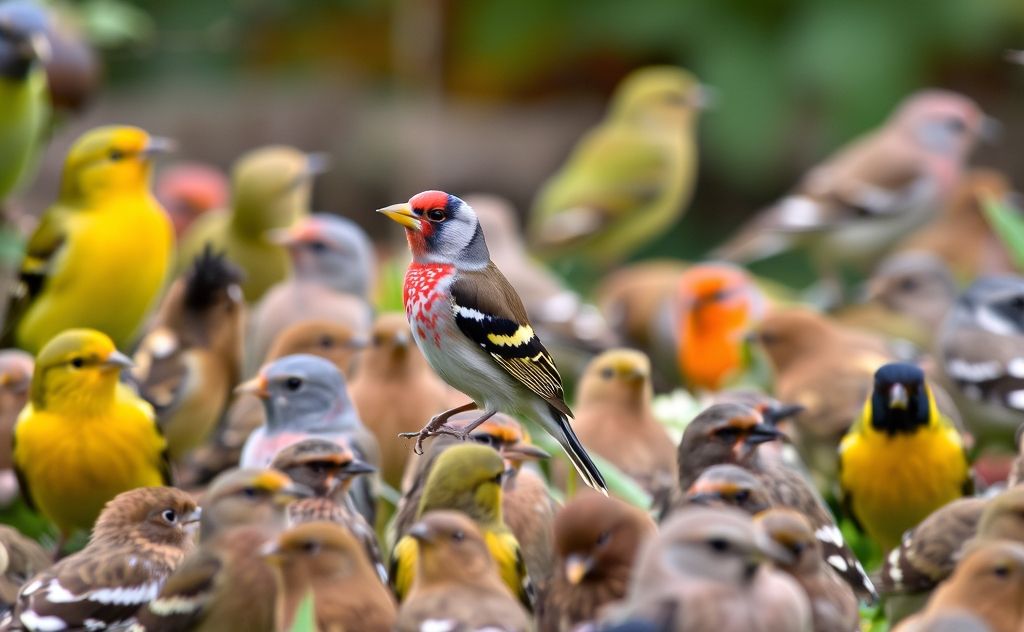 A colorful finch perched among various bird species in a garden.