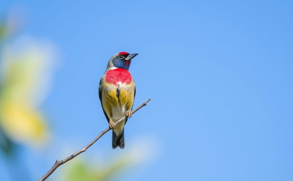 A colorful finch perched on a branch against a blue sky.