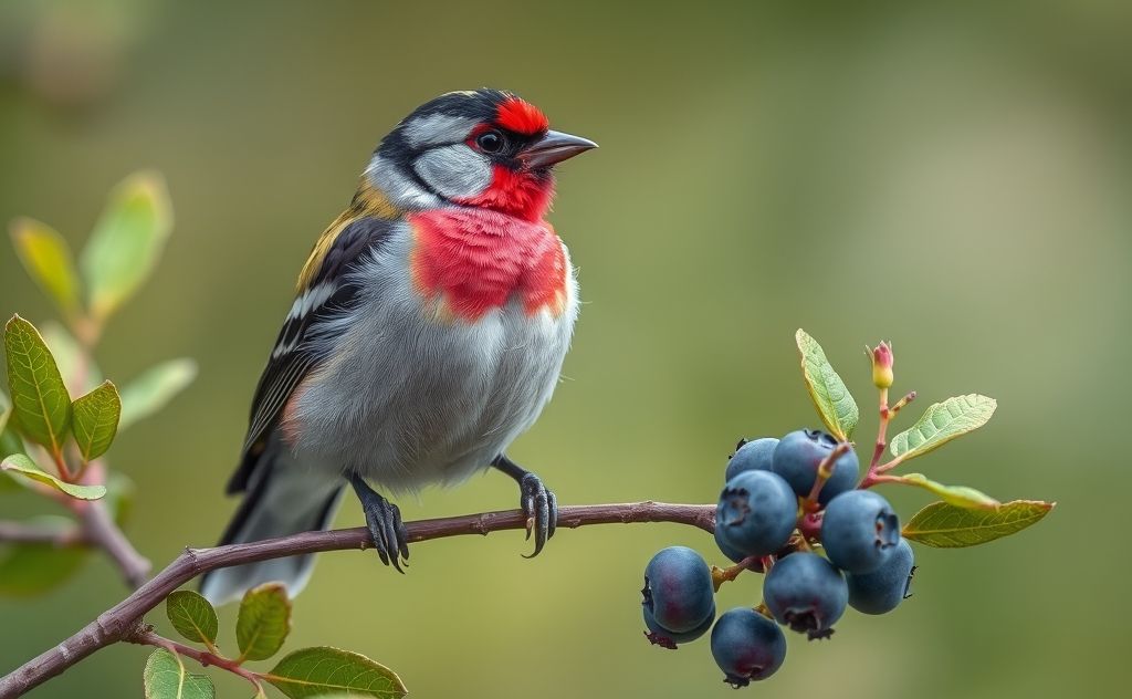 A colorful finch perched on a branch with ripe blueberries nearby.