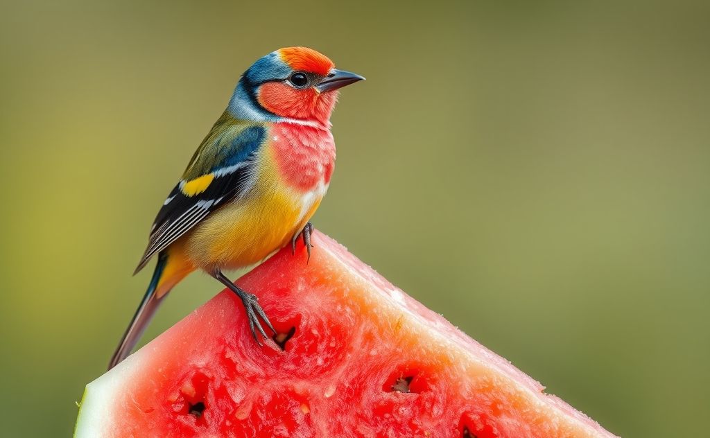 A colorful finch perched on a slice of juicy watermelon.