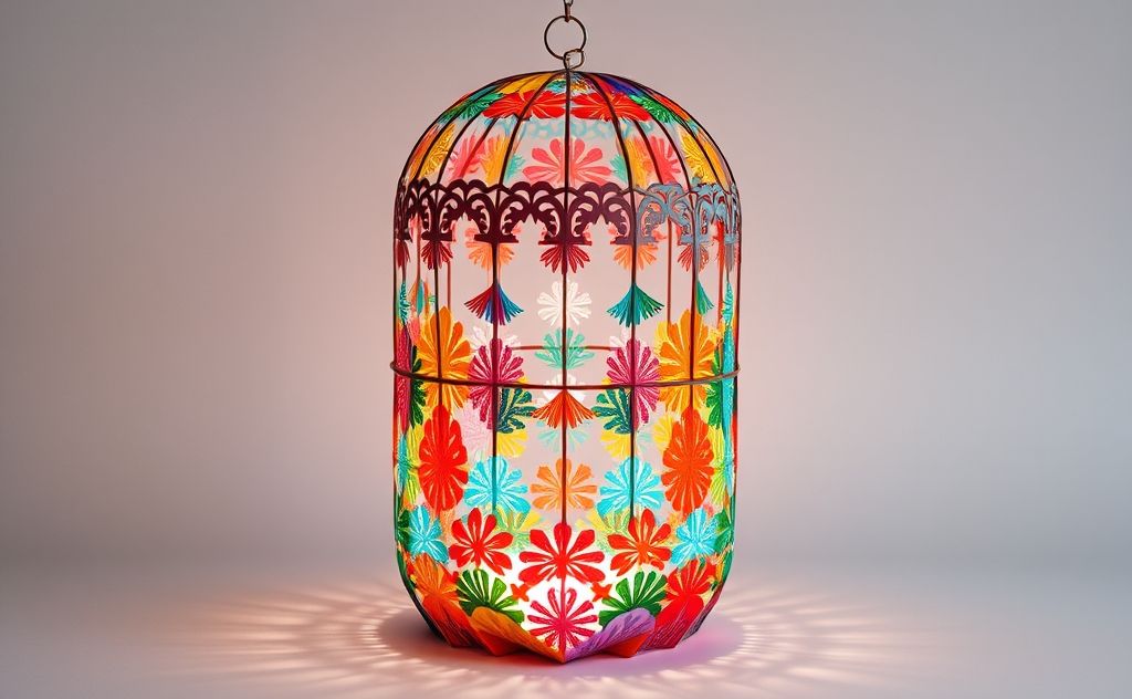 A colorful folded paper bird cage with intricate designs.