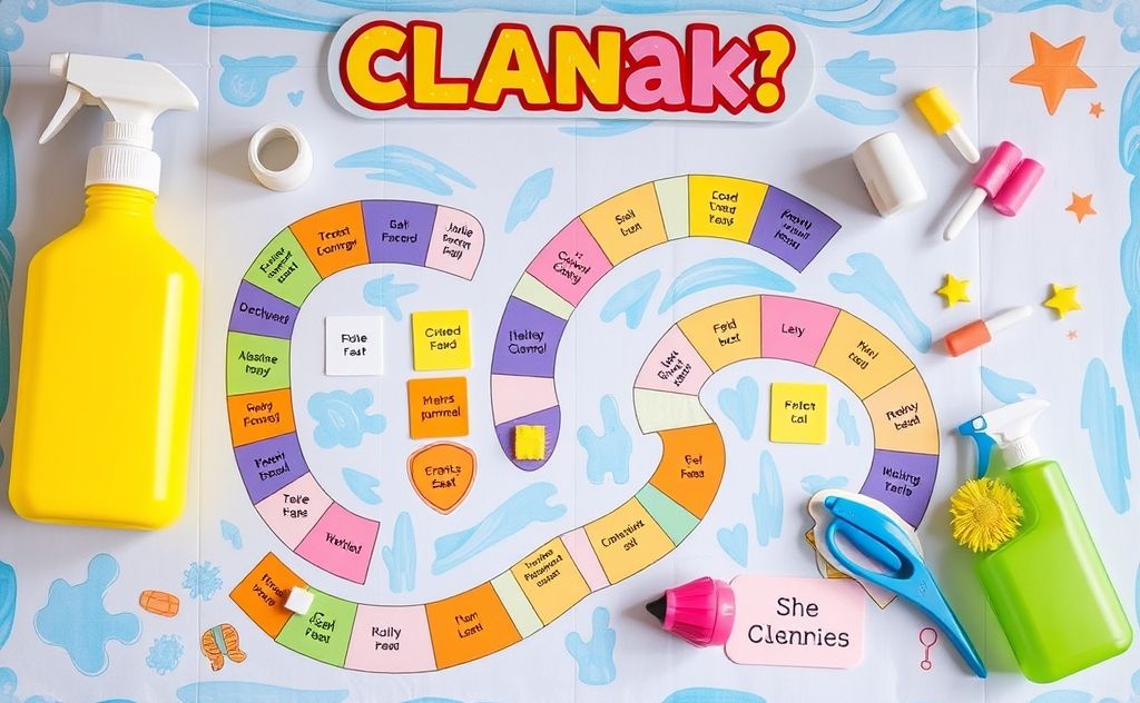 A colorful game board with cleaning supplies and rewards.