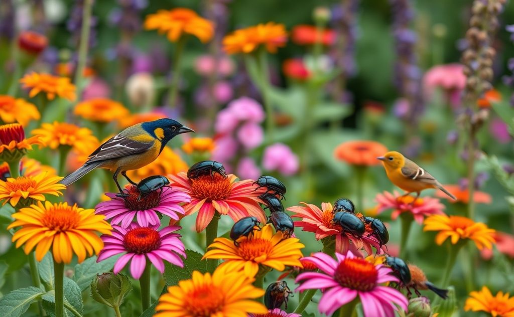 A colorful garden scene with birds feeding on Japanese beetles.