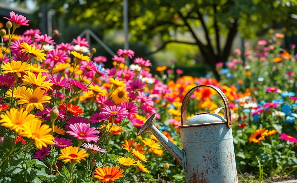 A colorful garden with a watering can and blooming flowers.