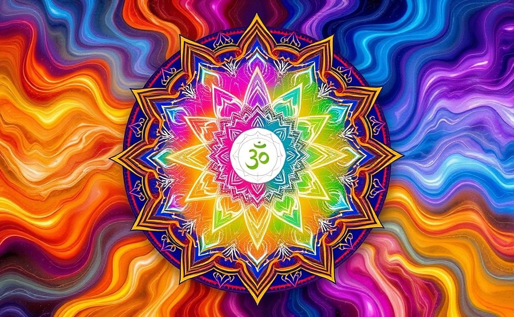 A colorful mandala with chakra symbols surrounded by flowing energy.