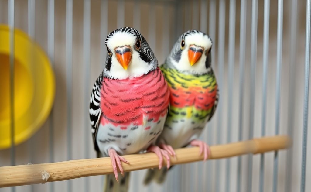 A colorful pair of zebra finches perched together in a cozy cage.