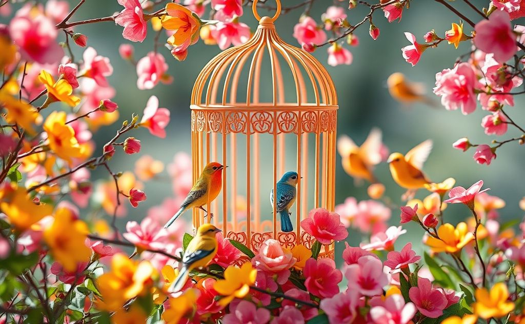 A colorful paper bird cage surrounded by birds and flowers.