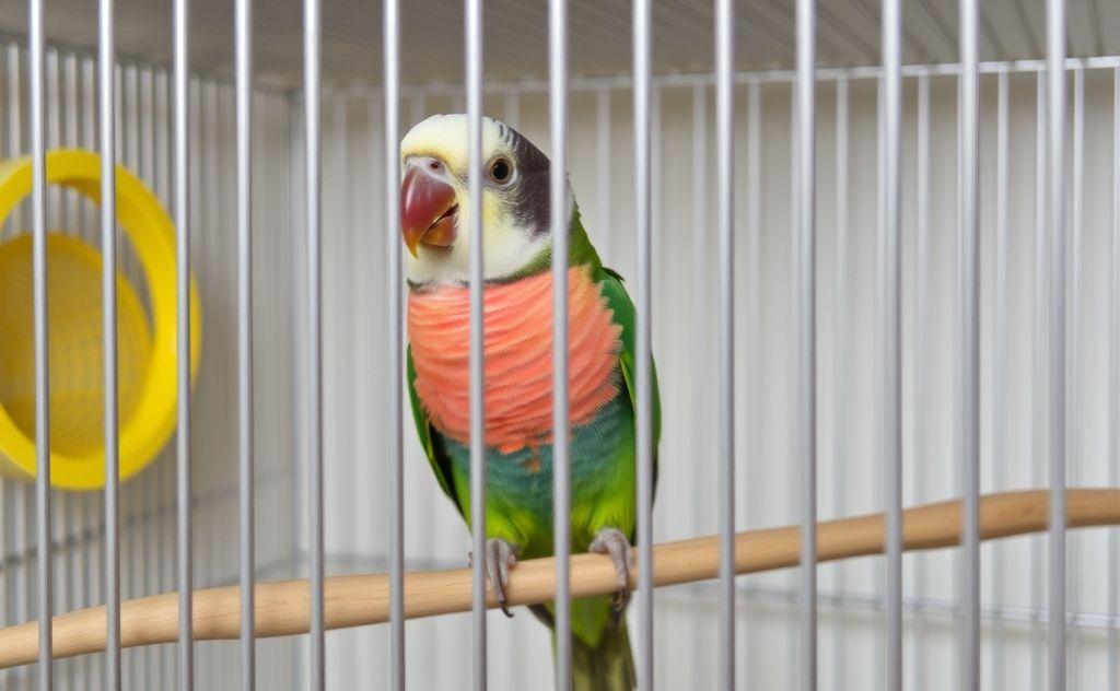 A colorful parakeet perched inside a well-organized birdcage.