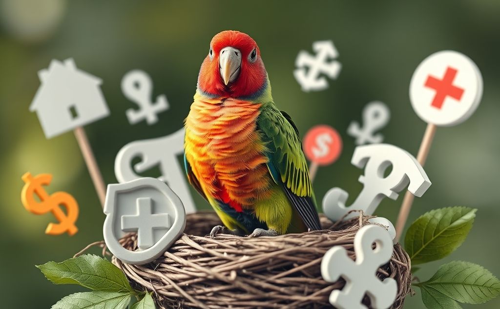 A colorful parakeet perched on a nest surrounded by insurance symbols.