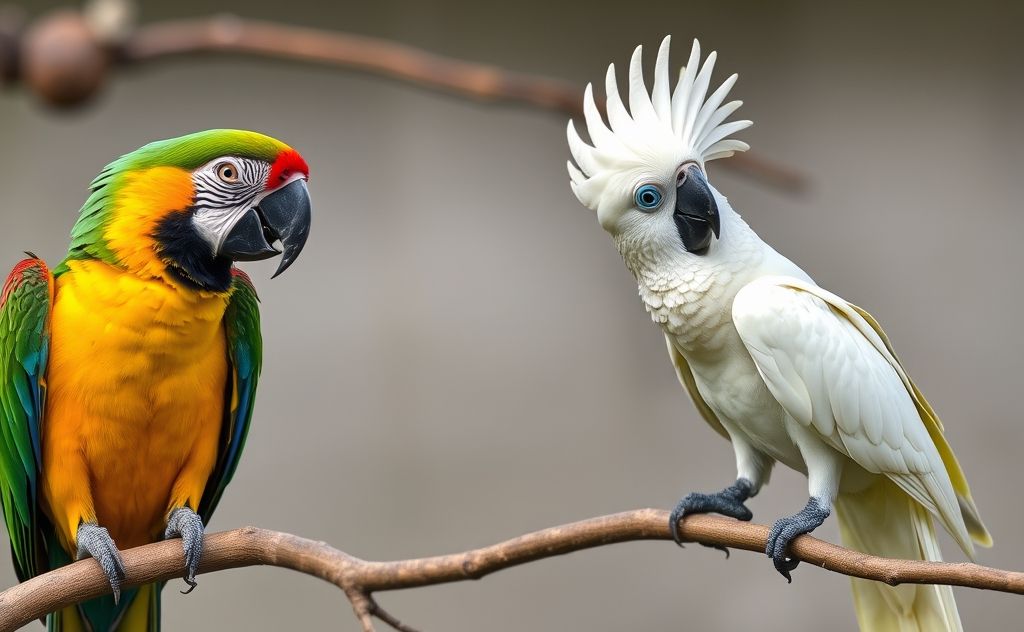 A colorful parrot and a playful cockatoo perched on branches.