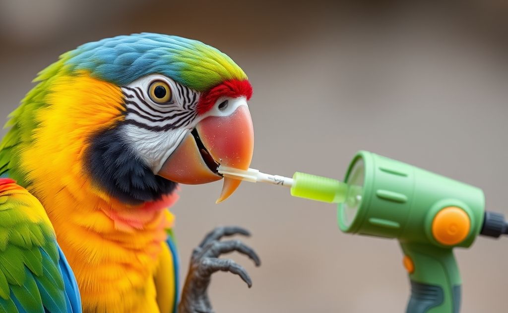 A colorful parrot interacting with clicker training equipment.