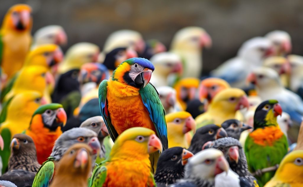 A colorful parrot perched among a diverse flock of birds.