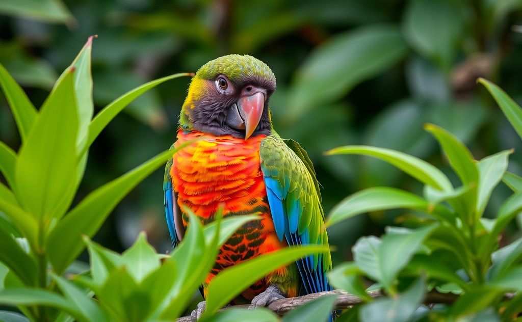 A colorful parrot perched among lush greenery showing signs of stress.