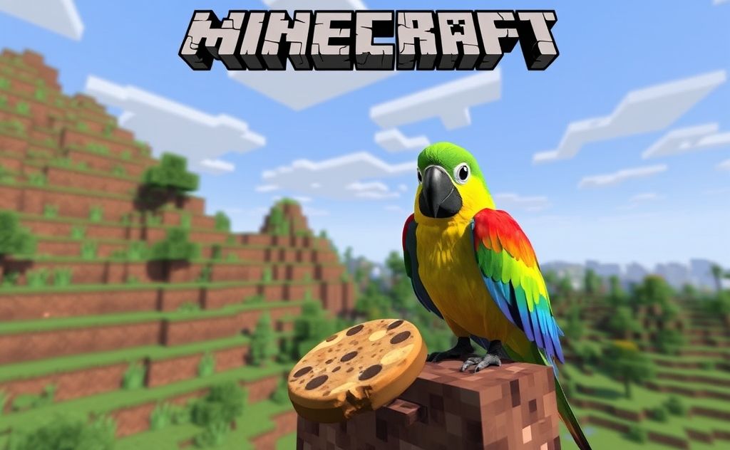 A colorful parrot perched beside a cookie in a Minecraft landscape.