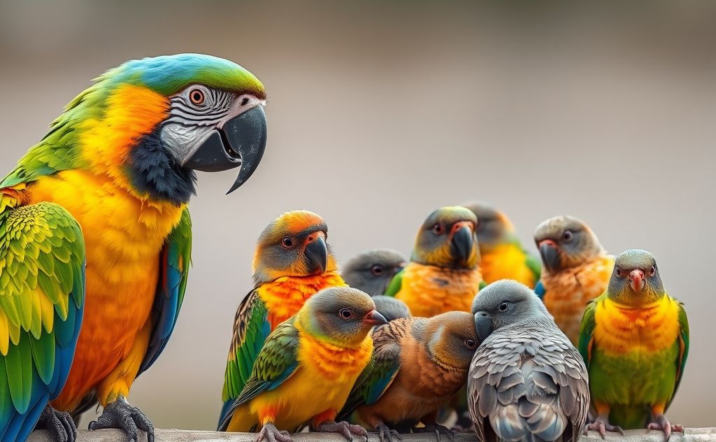 A colorful parrot perched beside a small flock of diverse birds.