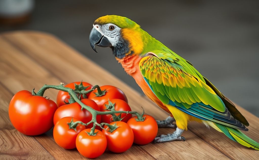 A colorful parrot perched beside ripe tomatoes on a wooden table.