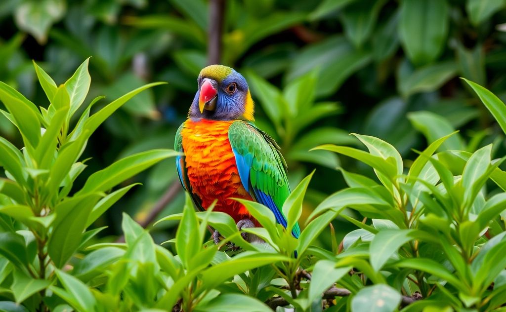 A colorful parrot perched calmly among lush green foliage.