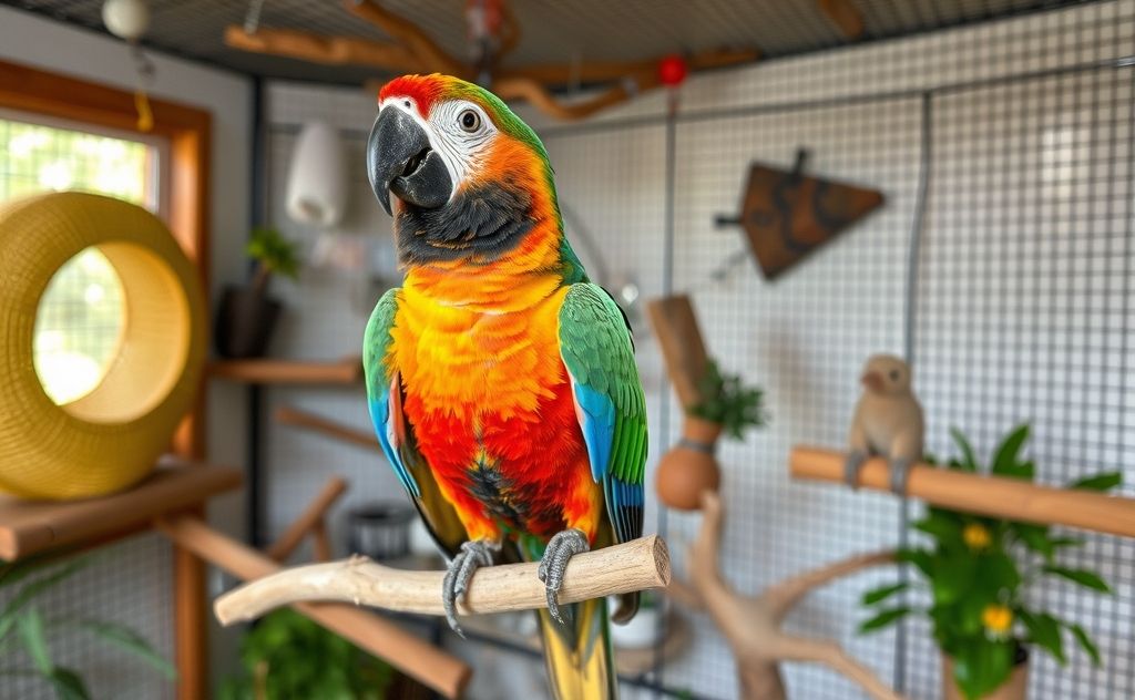 A colorful parrot perched in a cozy, enriched indoor habitat.