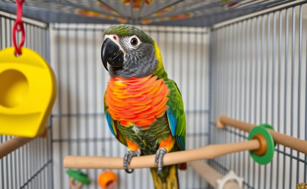 A colorful parrot perched inside a well-designed cage with toys.