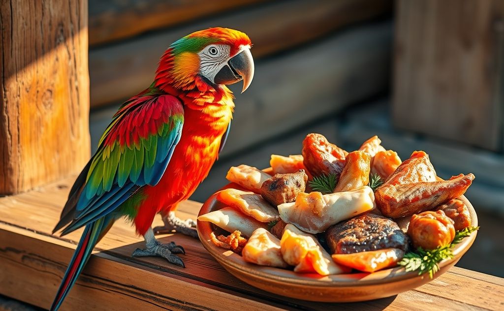 A colorful parrot perched near a bowl of assorted meats.