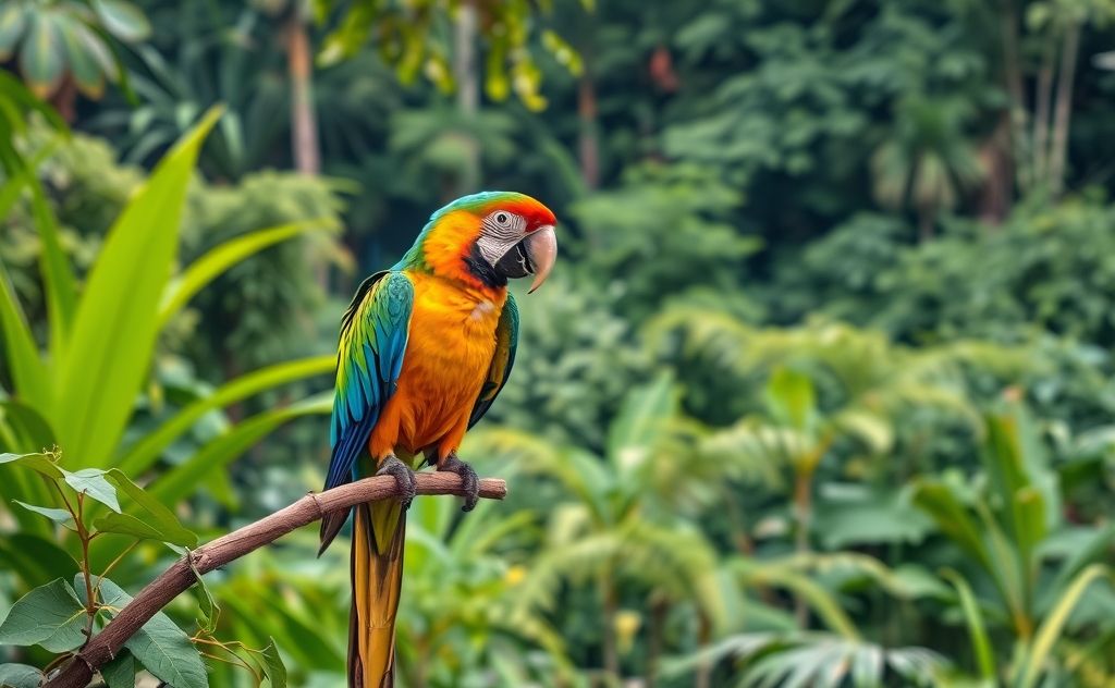 A colorful parrot perched on a branch in a lush rainforest.