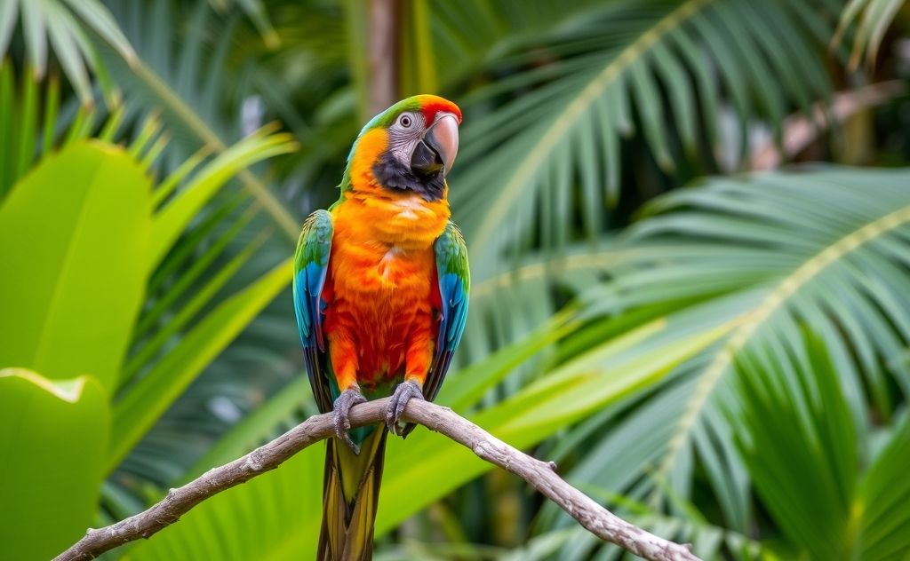 A colorful parrot perched on a branch in a lush tropical setting.