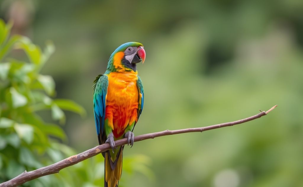 A colorful parrot perched on a branch in a serene environment.