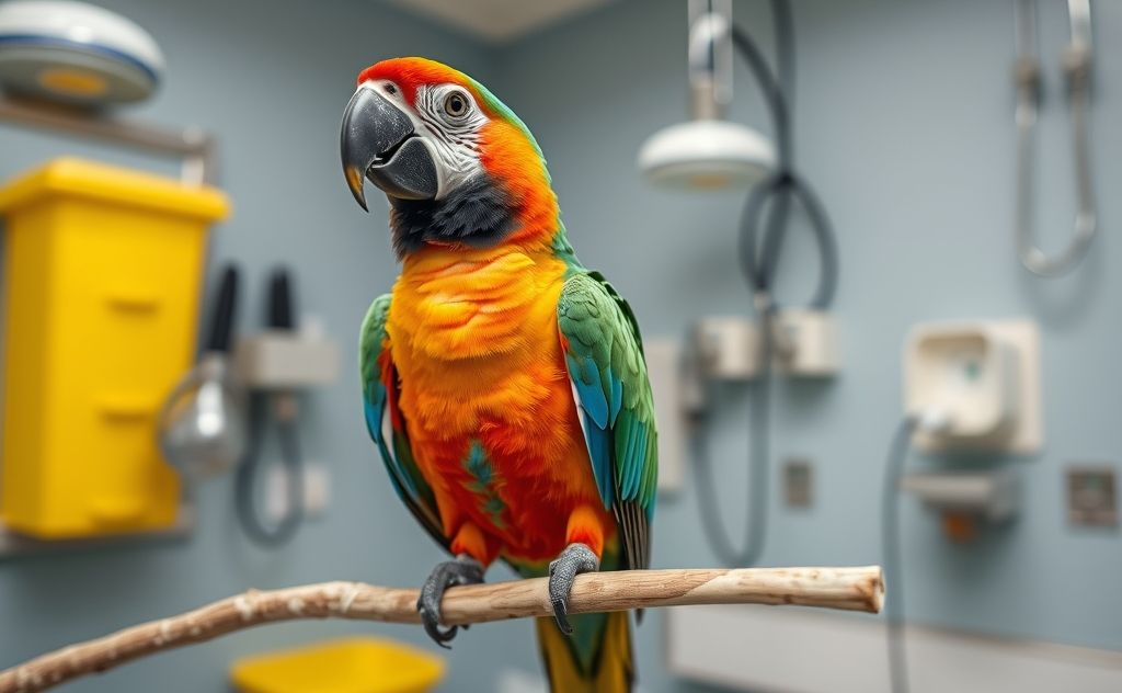 A colorful parrot perched on a branch in a veterinary clinic setting.