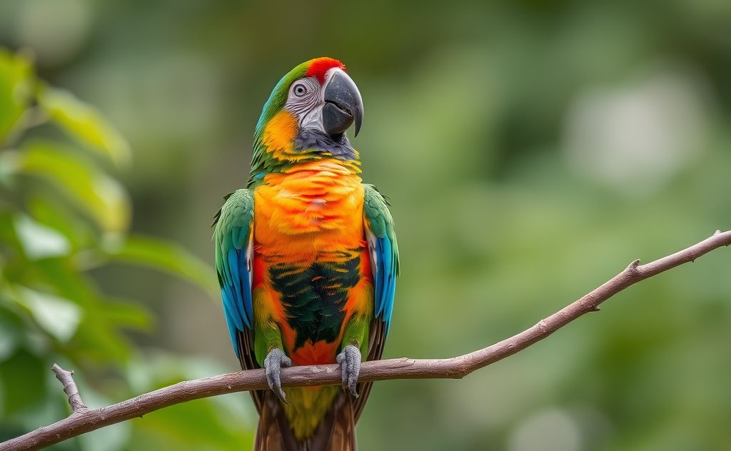 A colorful parrot perched on a branch mimicking sounds in nature.