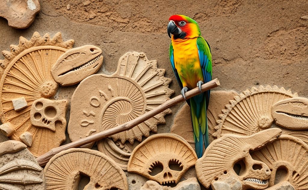 A colorful parrot perched on a branch surrounded by ancient dinosaur fossils.