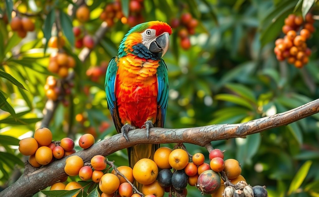 A colorful parrot perched on a branch surrounded by fruits and seeds.