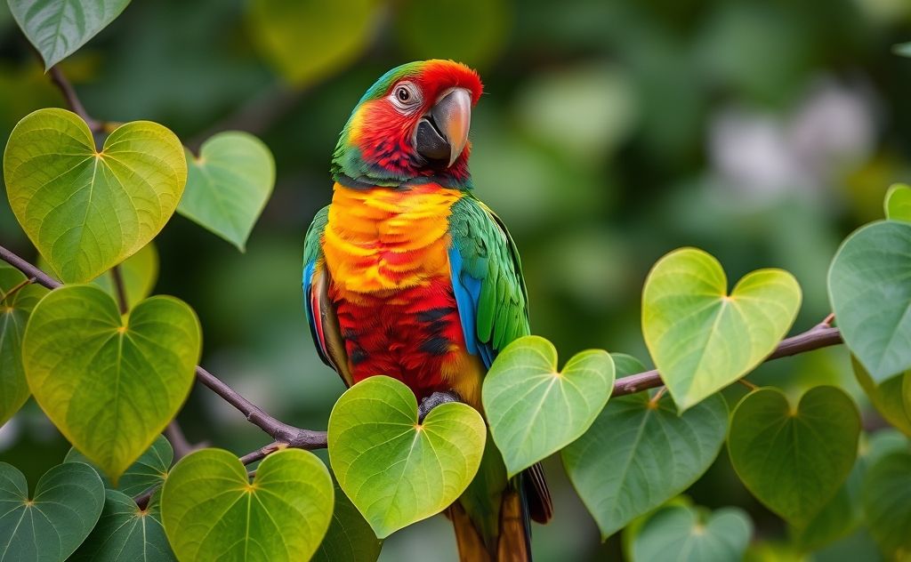 A colorful parrot perched on a branch surrounded by heart-shaped leaves.