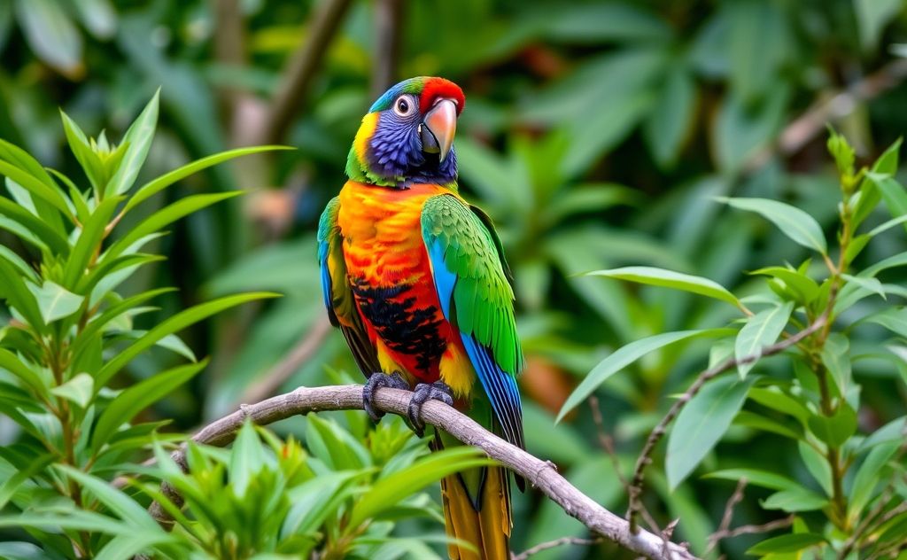 A colorful parrot perched on a branch surrounded by lush greenery.