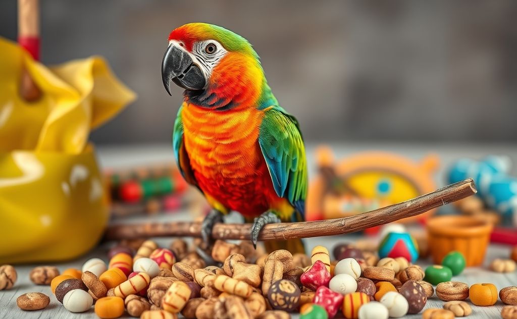 A colorful parrot perched on a branch surrounded by treats and toys.
