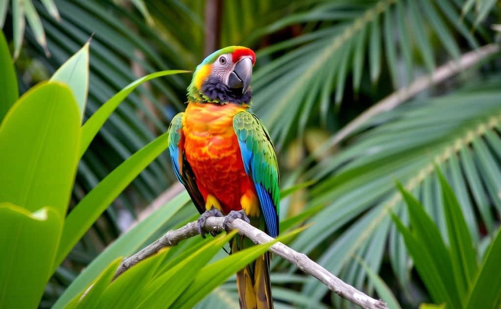 A colorful parrot perched on a branch surrounded by tropical foliage.