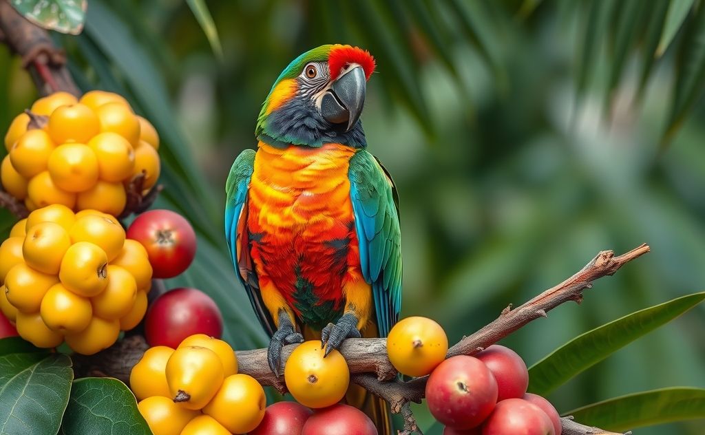 A colorful parrot perched on a branch surrounded by tropical fruits.