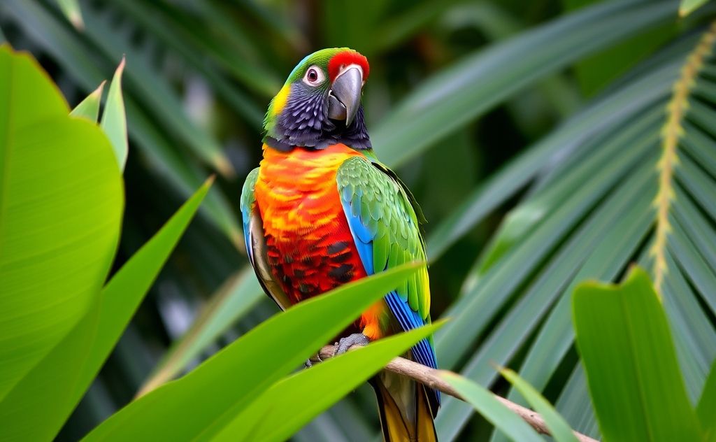 A colorful parrot perched on a branch surrounded by tropical leaves.