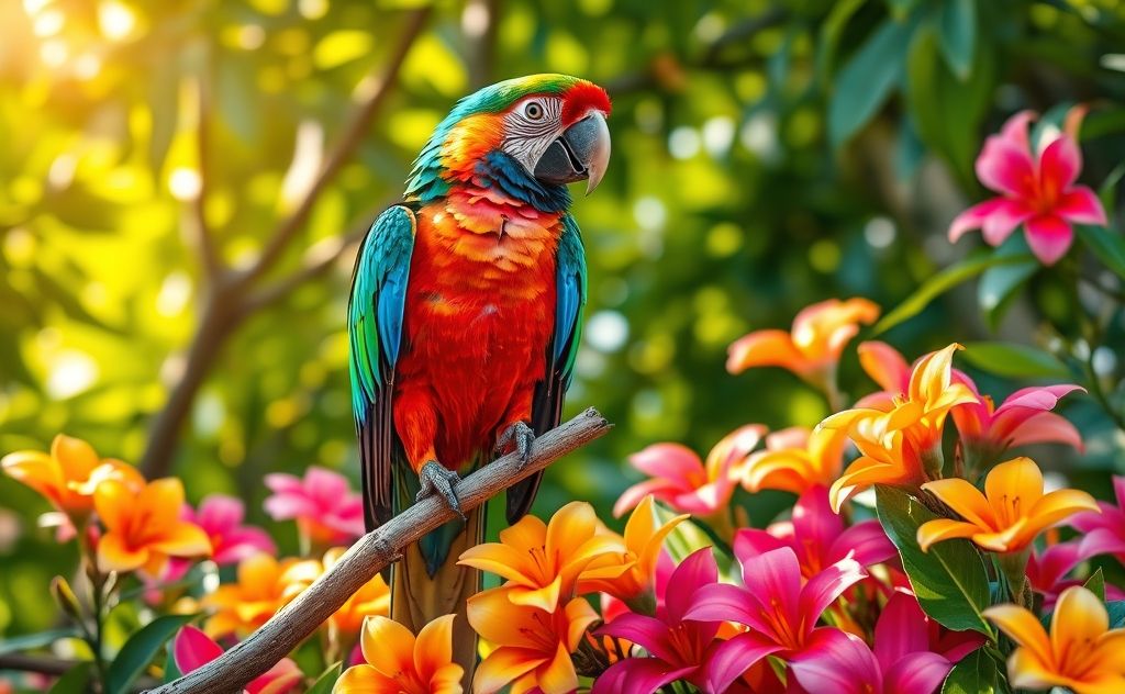 A colorful parrot perched on a branch surrounded by vibrant flowers.