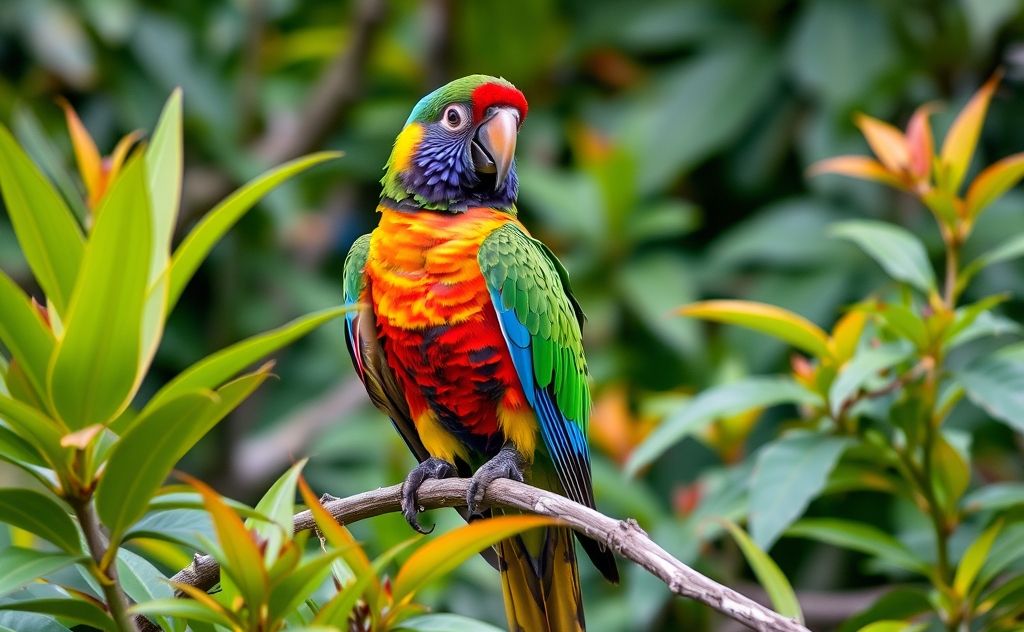 A colorful parrot perched on a branch surrounded by vibrant foliage.