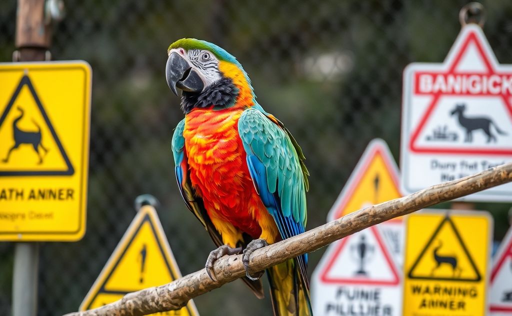 A colorful parrot perched on a branch surrounded by warning signs.