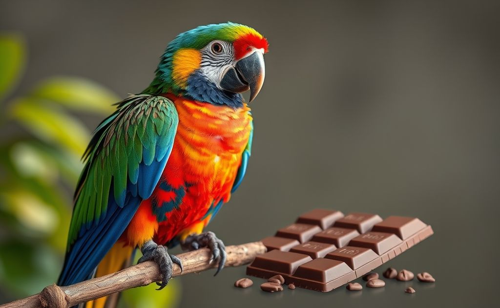 A colorful parrot perched on a branch with a chocolate bar nearby.