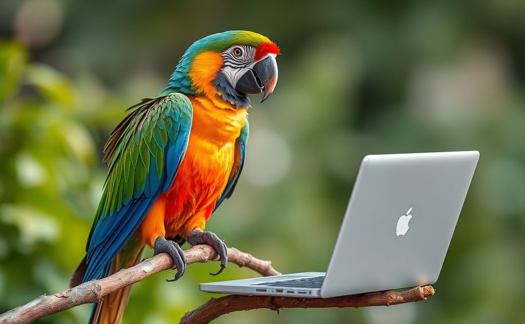 A colorful parrot perched on a branch with a laptop nearby.