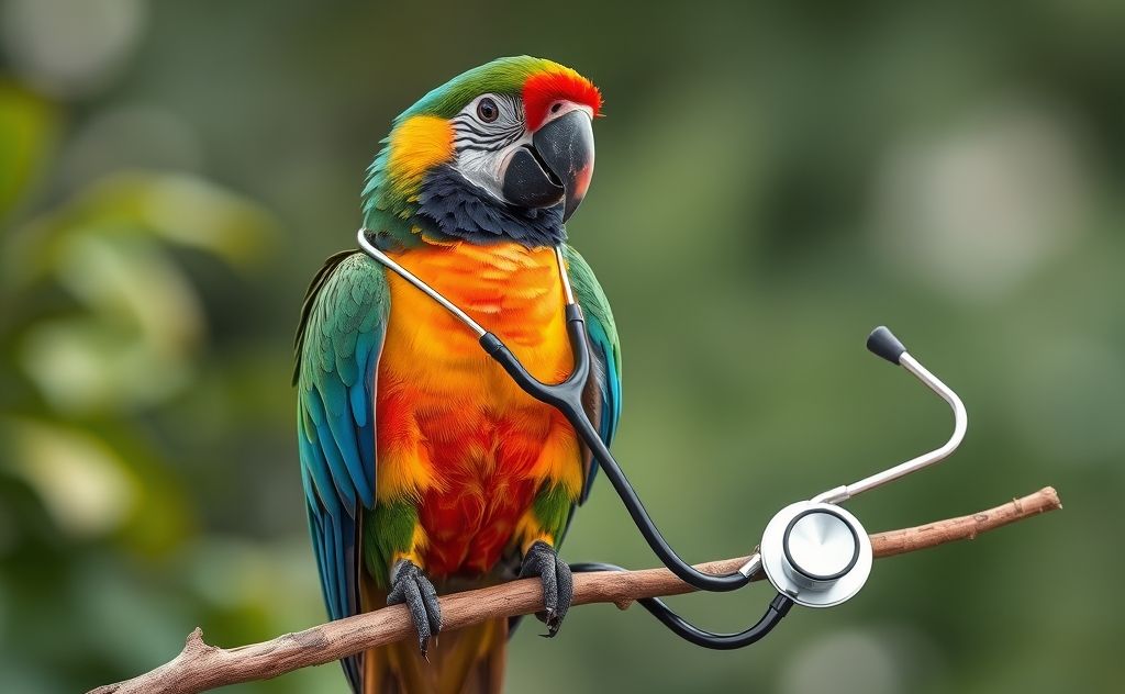 A colorful parrot perched on a branch with a stethoscope nearby.