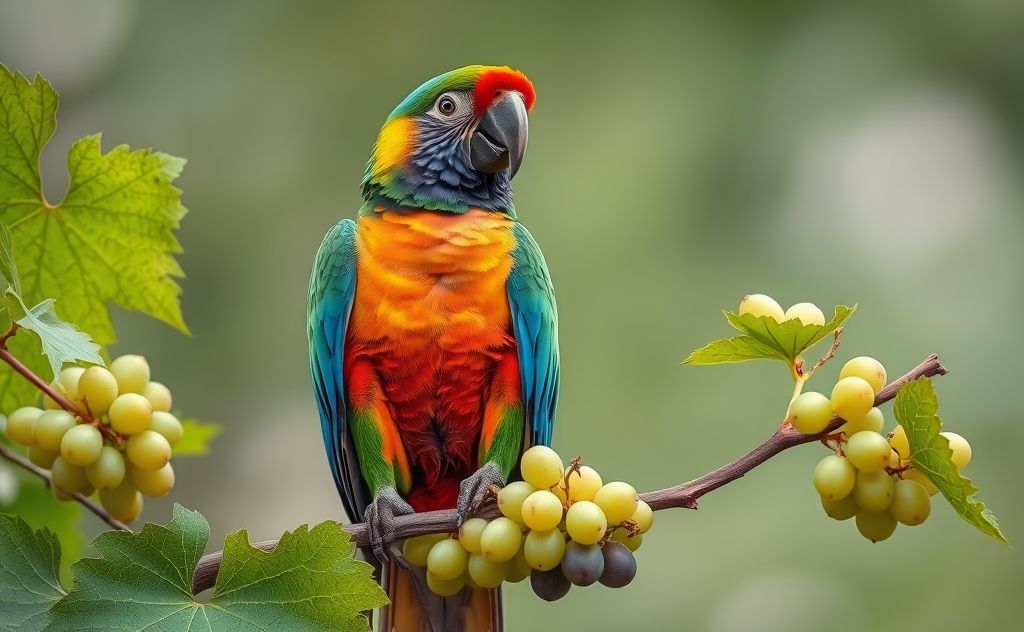 A colorful parrot perched on a branch with grapes nearby.