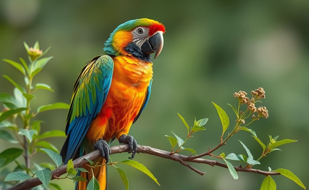 A colorful parrot perched on a branch with healing herbs nearby.