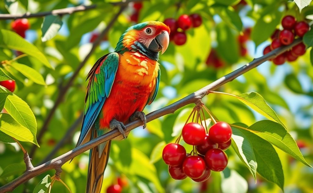 A colorful parrot perched on a branch with ripe cherries nearby.