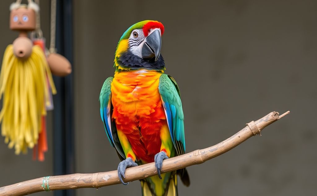 A colorful parrot perched on a branch with toys and natural elements.