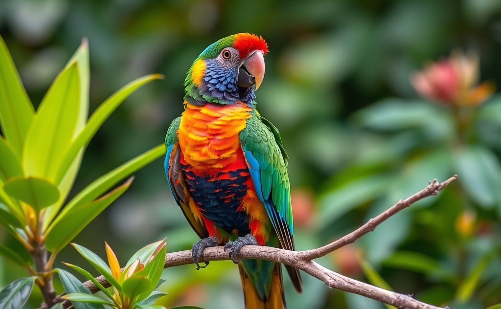 A colorful parrot perched on a branch with vibrant foliage around it