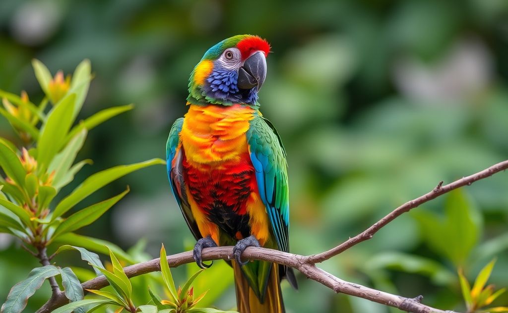 A colorful parrot perched on a branch with vibrant foliage.